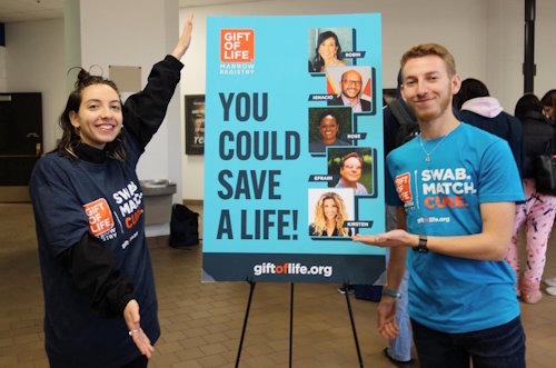 Gift of Life Campus Ambassadors are shown telling students at the University at Buffalo that they can save the life of blood cancer patients by joining the registry. With just a cheek swab, more than 500 students and faculty joined the registry for their chance to save a life. 