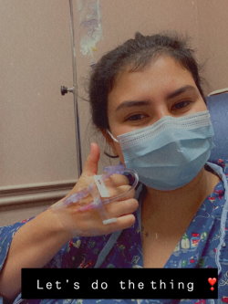 Stem cell donor Isabel as she gets hooked up for the apheresis process. Her stem cells saved the life of her recipient, Nancy, a teen battling to survive an inherited immune disorder.