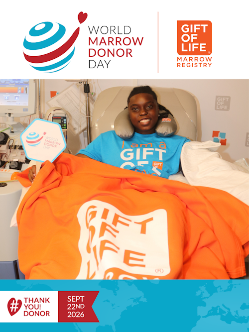 Gift of Life celebrated World Marrow Donor Day in our collection center by thanking our donors and invited them to hold up a placard showing that they were donating on World Marrow Donor Day. This photos shows a young black man wearing a tee shirt that says "I am a Gift of Life donor."