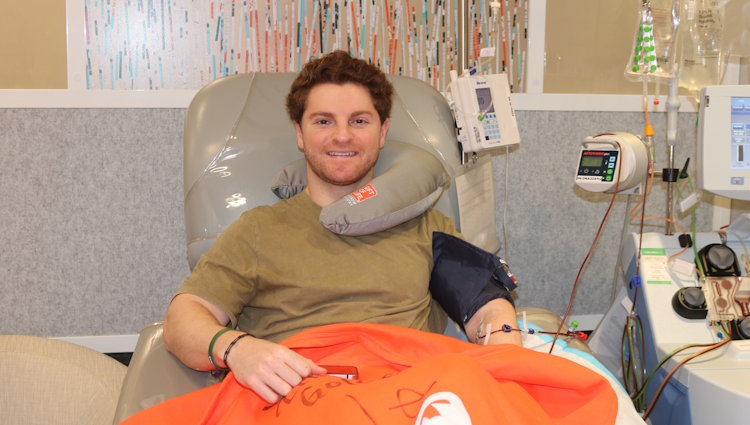 Gift of Life stem cell donor Cole is shown on his donation day as he donated stem cells to save a patient's life.