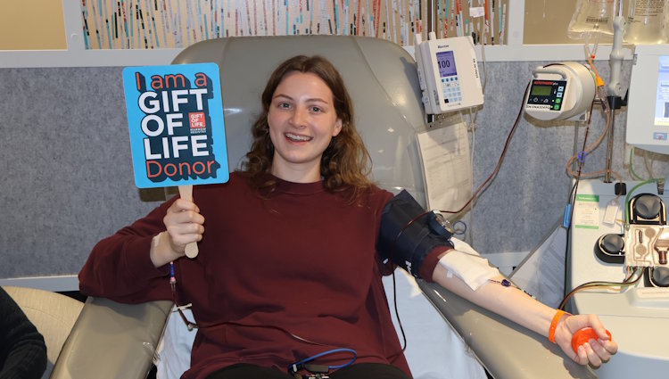 Gift of Life stem cell donor Emma is shown donating stem cells for her matching patient, a woman battling to survive leukemia.