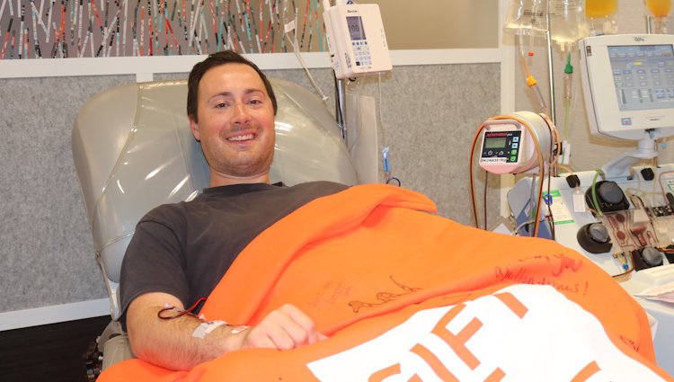 Gift of Life stem cell donor Andrew is shown donating peripheral blood stem cells to save the life of a man diagnosed with leukemia.