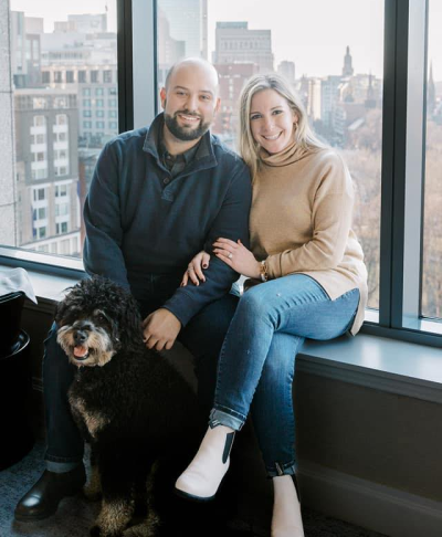 Gift of Life bone marrow donor Alex with his fiancee Stephanie and their dog. 