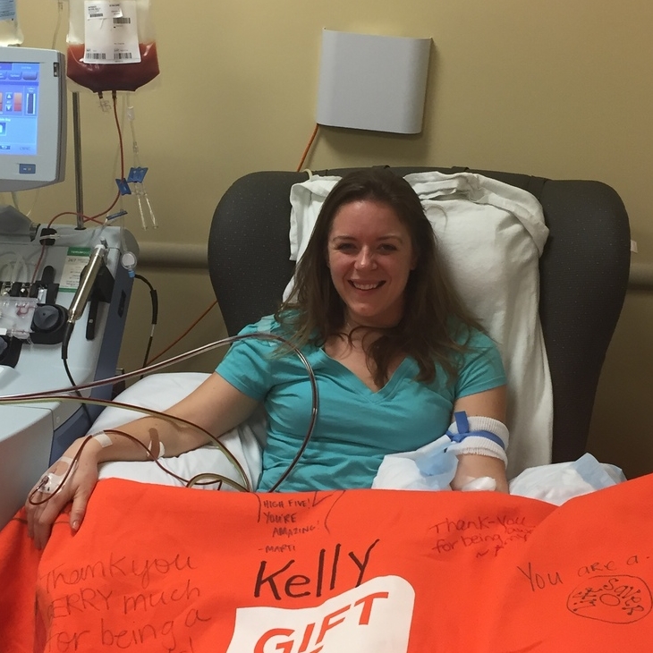 Kelly gave peripheral blood stem cells in just a few hours to give her recipient a second chance at life. 