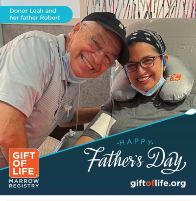 Leah's father was able to join her during her stem cell donation at Gift of Life Marrow Registry. 