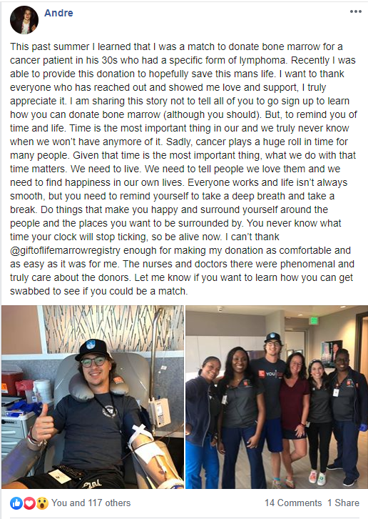 Andre posted about his donation on Facebook