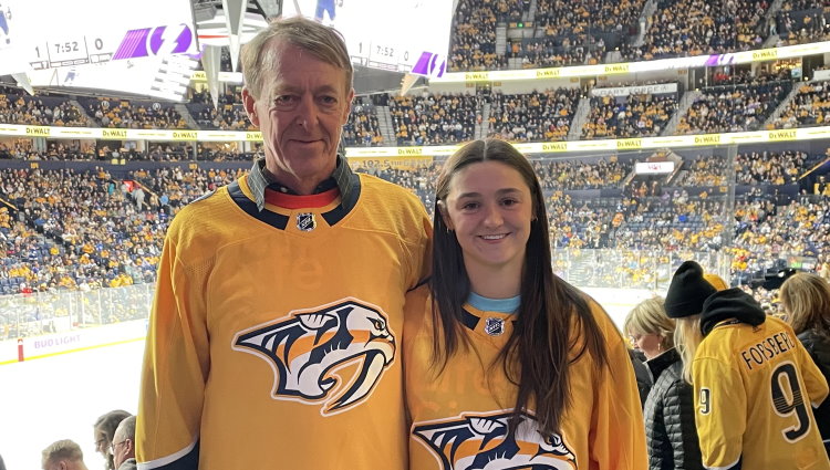 Gift of Life stem cell donor Danielle Conti and her transplant recipient Donald Hirsch met for the first time during the Nashville Predators hockey game on Nov. 19, 2022. The Nashville Predators feature Gift of Life donors and recipients each year during "Hockey Fights Cancer" month. 