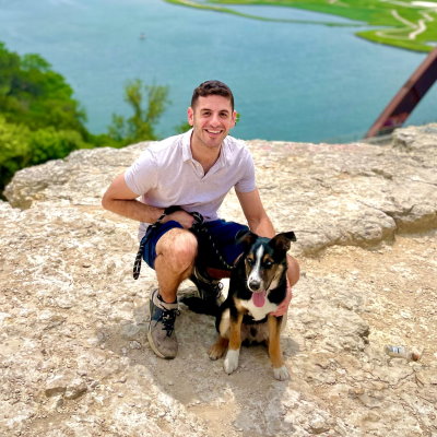 Gift of Life stem cell donor Brandon and his dog Zeke hiking in Texas. Brandon donated blood stem cells to save the life of a woman battling to survive leukemia.