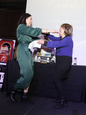 Gift of Life stem cell donor Alexandra Levy (L) greets her transplant recipient, Diane Berson, for the first time. Berson survived a rare form of lymphoma thanks to Levy's stem cell donation. The two were introduced at Gift of Life Marrow Registry's "Celebrating Life New York City" event on Feb. 23, 2023