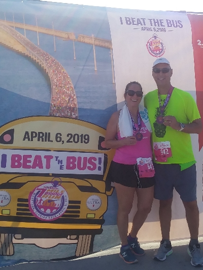 Transplant recipient Mike Magi and his wife Susan "Bet the Bus" in the Seven Mile Bridge Run to the Florida Keys. 