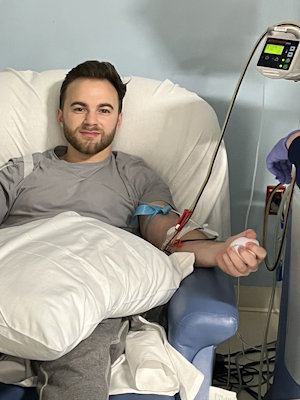 Gift of Life stem cell donor Noam Goldberg at the New York Blood Center donating stem cells to help his recipient, Jay Goldman, recover from lymphoma, a form of blood cancer. 