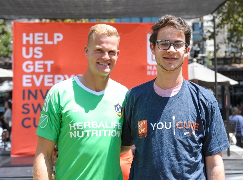 LA Galaxy goalkeeper Jon Kemper (l) with Gift of Life donor Jonah (r) at the Kick Blood Cancer event in Los Angeles on August 17, 2017.
