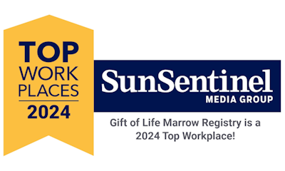 A logo with a blue bar saying Sun Sentinel Media Group with a gold, arrow shaped ribbon to the left saying Top Work Places 2024. Below the logo it says Gift of Life Marrow Registry is a 2024 Top Workplace!