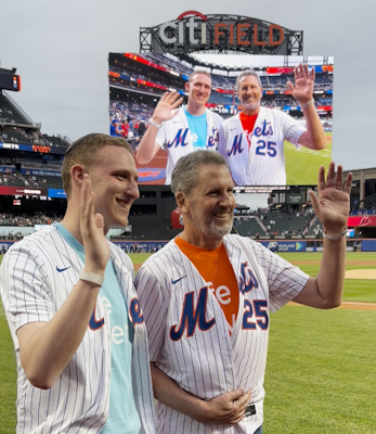 Gift of Life stem cell donor Jonathan Wenger and the man whose life he saved, Gary Engler, greet the fans in the stands at the NY Mets game on June 26, 2025 from the world's largest jumbotron. The two men met for the first time before the game. Gift of Life and the NY Mets have partnered to make these memorable introductions possible for more than 20 years. 