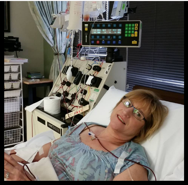 Carol Hatch is at a collection center in California donating stem cells to save the life of Andy Michael. 