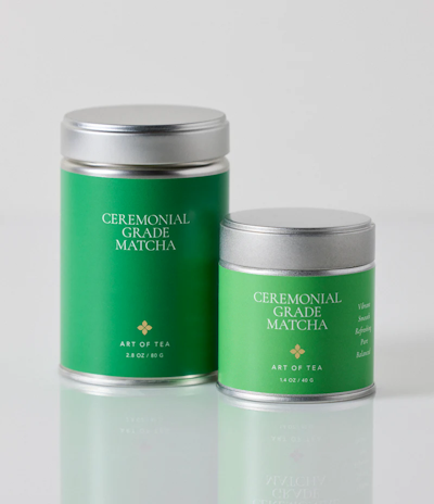 A photo showing the 80 gram canister and 40 gram canister of Art of Tea Ceremonial Grade Matcha. 