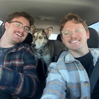 Gift of Life stem cell donor Anthony (r), his dog Ember, and his boyfriend Travis, on their way to the dog park. 