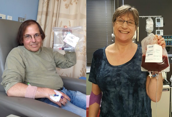 Andy Michael is holding his first infusion of donor leukocytes (left), the day after Carol donated them (right).