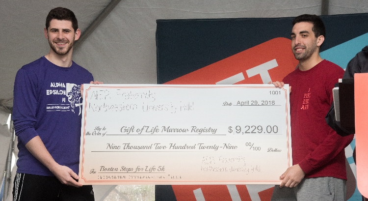 AEPi presented a contribution check for $9,229 to Gift of Life Marrow Registry on behalf of the fraternity and Hillel International chapters at Northeastern University.