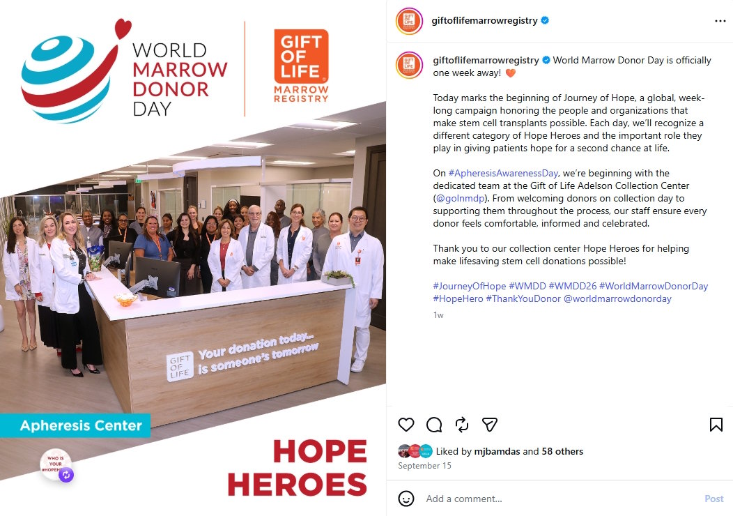 Gift of Life participated in the Journey of Hope, posting on Instagram about a different aspect of the stem cell transplant process each day leading up to World Marrow Donor Day 2026. 