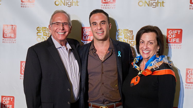 Gift of Life bone marrow donor Evan Dolgow with his parents at the 2021 One Huge Night Gala in Miami. 