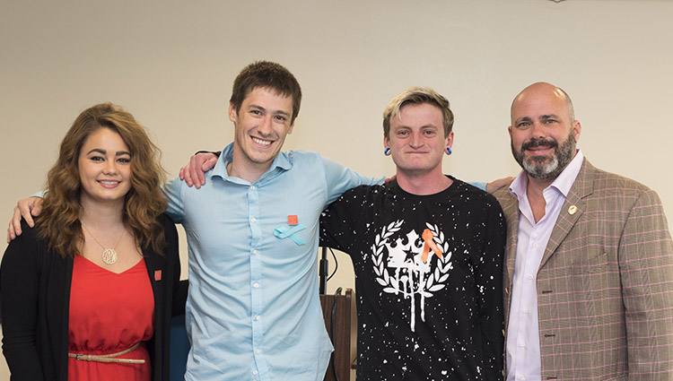 Caroline Bello (left) introduced transplant donor Rob (left center) to his bone marrow recipient Charlie (right center) along with Gift of Life Chairman Bill Begal (right). 