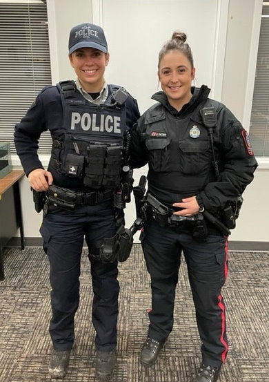 Gift of Life stem cell donor Alyssa (r), a police officer in Saskatchewan, Canada, hopes that her fellow officer Melissa, who is battling leukemia, will be able to find a matching donor.