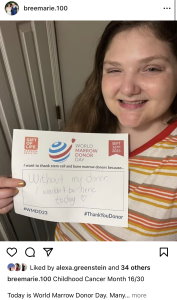 Gift of Life transplant recipient Brianne Dollar is marking World Marrow Donor Day with a post on Instagram. She is a light skinned woman in her early 20s with dark hair and blue eyes, as well as a big smile. 