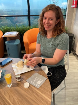 Stem cell donor Danielle enjoys a snack at Gift of Life's beautiful collection center. 