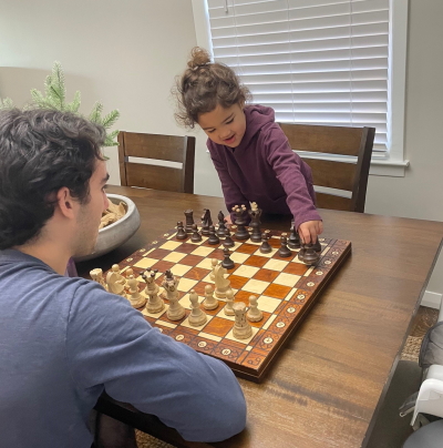 Stem cell donor Keaton playing chess with his toughest opponent - his niece!