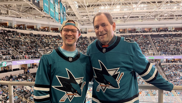 Randy Gordon, a 68-year-old survivor of myelofibrosis and a resident of Las Vegas, Nev., met his lifesaving stem cell donor, Nik Burton, 28, of San Jose, Calif., for the first time during a San Jose Sharks hockey game during Hockey Fights Cancer Month in November 2025..