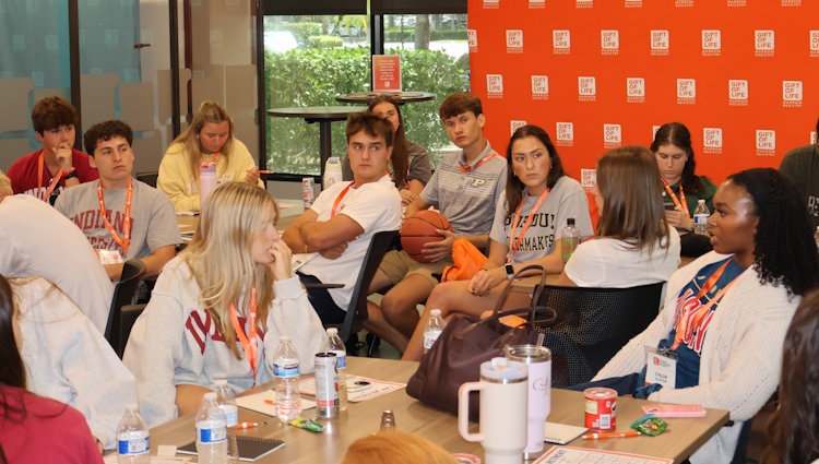 Gift of Life's Campus Ambassadors listen to one of their peers who has survived blood cancer describe the transplant process and what it meant to find a matching donor who could save her life. 