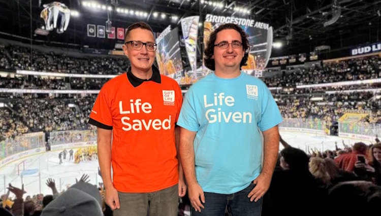Transplant recipient William Ochs, 42, of Hugo, Minn., was grateful to meet his blood stem cell donor Hayden Duncan, 28, of Millport, Ala., at the Nashville Predators' November 22 “Hockey Fights Cancer” game at the Bridgestone Arena.
