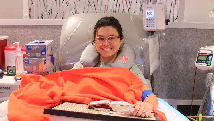 Hannah is shown donating stem cells at Gift of Life to help save the life of a woman in her 60s who is battling to survive leukemia.