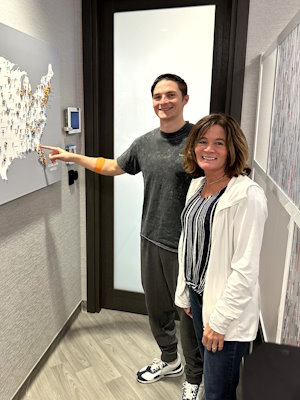 After his stem cell donation was finished, Nolan and his mother Elizabeth put a pin in Gift of Life's map to show where he traveled from to donate. Nolan is pointing at Jacksonville, Florida, and his mom has a huge smile and looks very proud of him. 