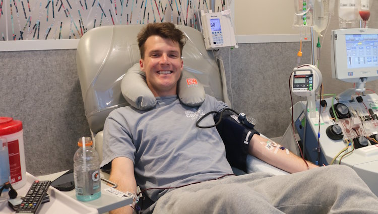 Gift of Life stem cell donor Derek is shown in the collection center during his donation. His stem cells went to save the life of a man diagnosed with a form of blood cancer. He says doing something life-changing for another person is an amazing experience. 