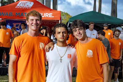  AEPi Philanthropy Chair Jimmy Koch, "Rocker" Chris Genovese, and AEPi Philanthropy Chair Jordan Katz representing the University of Miami chapter. In April 2025, the chapter held its first Rockathon and raised $53,000 for the Gift of Life Marrow Registry. 