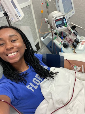 Gift of Life stem cell donor Payton took this selfie while she was giving stem cells to help save the life of a man in his 30s battling to survive leukemia. 
